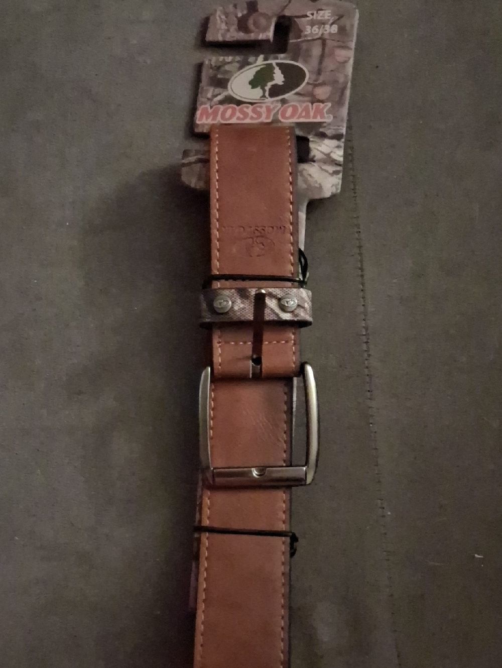 Mossy Oak Brown Leather Belt with Camouflage Loop and Metal Buckle